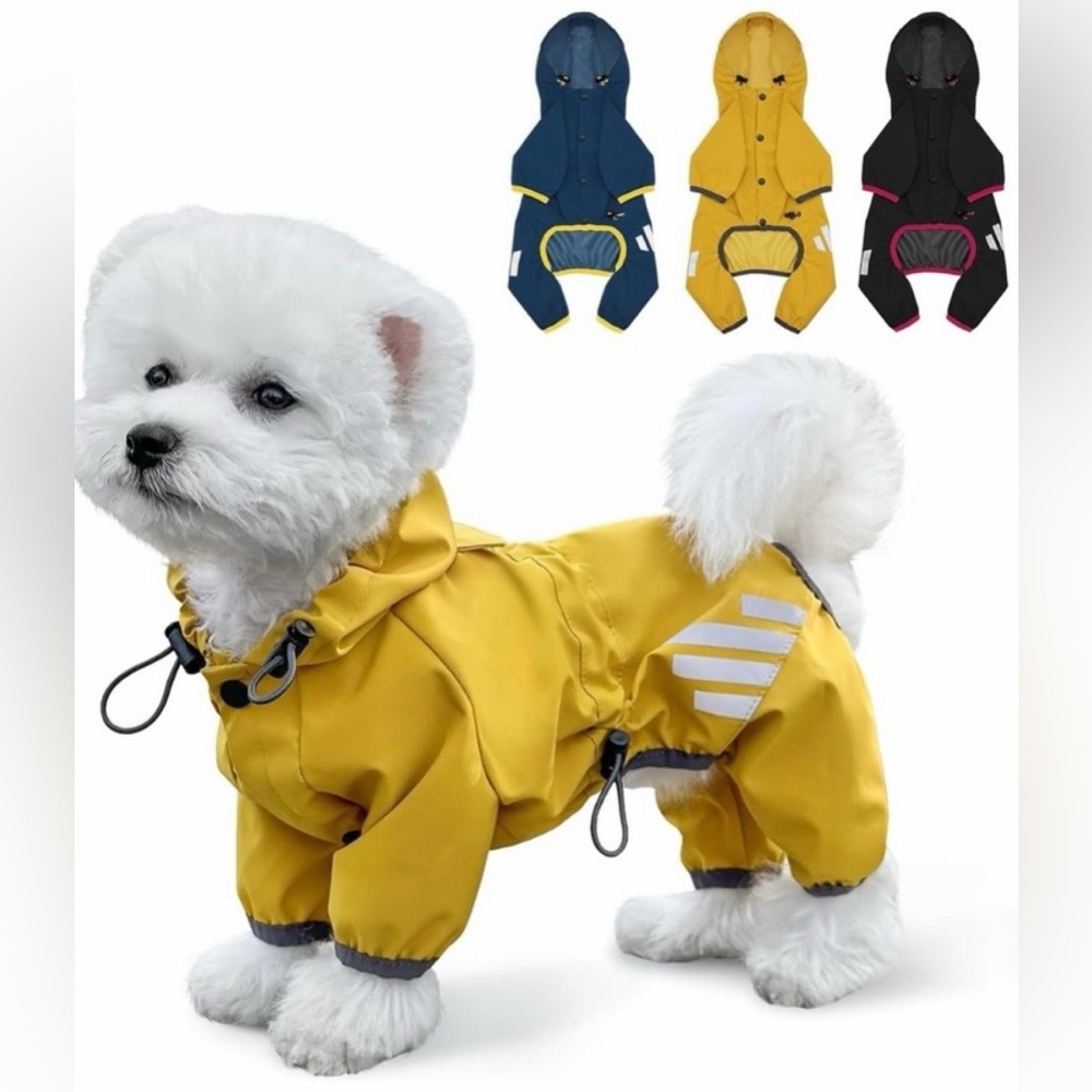 NEW Yellow Full‎ Body Dog Medium Size Raincoat Reflective Stripes